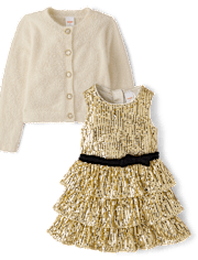 Girls Embellished Eyelash Cardigan And Sequin Dress 2-Piece Outfit Set - Royal Christmas