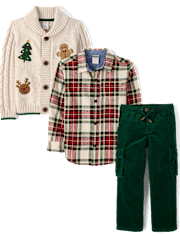 Boys Crochet Holiday Shawl Cardigan 3-Piece Outfit Set - Royal Christmas