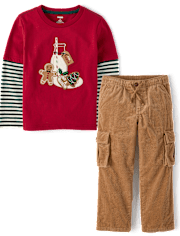 Boys Embroidered Cookies Layered Top 2-Piece Outfit Set - Royal Christmas