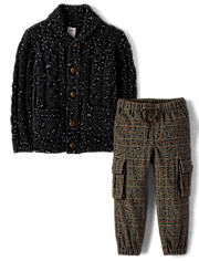 Boys Shawl Cardigan And Plaid Jogger Pants 2-Piece Outfit Set - Royal Christmas