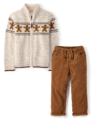 Boys Intarsia Gingerbread Zip Up Sweater Jacket 2-Piece Outfit Set - Royal Christmas
