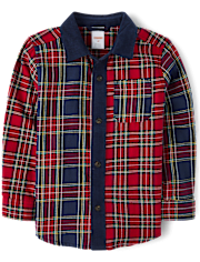 Boys Plaid Colorblock Flannel Button Up Shirt 2-Piece Outfit Set - Royal Christmas
