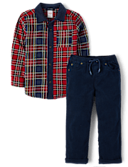 Boys Plaid Colorblock Flannel Button Up Shirt 2-Piece Outfit Set - Royal Christmas