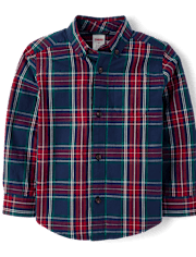 Boys Plaid Poplin Button Up Shirt 2-Piece Outfit Set - Royal Christmas