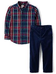 Boys Plaid Poplin Button Up Shirt 2-Piece Outfit Set - Royal Christmas