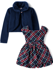 Girls Faux Fur Shrug 2-Piece Outfit Set - Royal Christmas