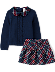 Girls Bow Cable Knit Sweater 2-Piece Outfit Set - Royal Christmas
