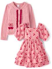 Girls Applique Cherry Heart Cardigan And Dress 2-Piece Outfit Set - Mon Cheri