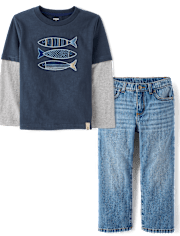 Boys Embroidered Fish 2-Piece Outfit Set - Driftwood Bay