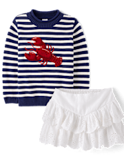 Girls Embroidered Lobster 2-Piece Outfit Set - Driftwood Bay