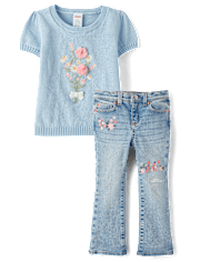 Girls Embroidered Bouquet 2-Piece Outfit Set - Enchanted Garden