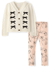 Girls Bow Cable Knit 2-Piece Outfit Set - Petit Paris