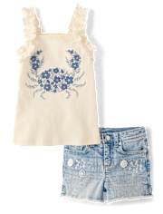 Girls Applique Floral 2-Piece Outfit Set - Driftwood Bay