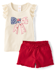 Girls Applique Embroidered Bow 2-Piece Outfit Set - Nantucket Charm