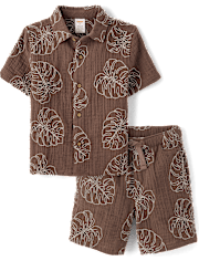 Boys Embroidered Tropical Leaf Gauze 2-Piece Outfit Set - Amalfi Coast