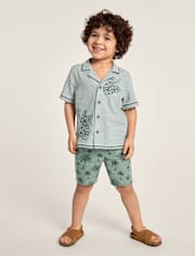 Boys Embroidered Tropical Leaf Linen-Blend 2-Piece Outfit Set-  Amalfi Coast