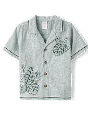 Boys Embroidered Tropical Leaf Linen-Blend 2-Piece Outfit Set-  Amalfi Coast