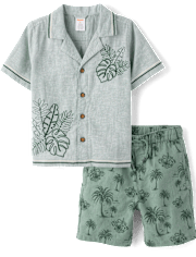 Boys Embroidered Tropical Leaf Linen-Blend 2-Piece Outfit Set-  Amalfi Coast