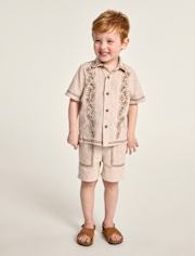 Boys Embroidered Tropical Leaf Linen-Blend 2-Piece Outfit Set - Amalfi Coast