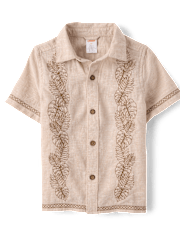 Boys Embroidered Tropical Leaf Linen-Blend 2-Piece Outfit Set - Amalfi Coast