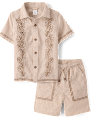 Boys Embroidered Tropical Leaf Linen-Blend 2-Piece Outfit Set - Amalfi Coast