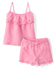 Girls Embroidered Eyelet Gauze 2-Piece Outfit Set - Amalfi Coast