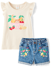 Girls Embroidered Fruit Bowl 2-Piece Outfit Set - Amalfi Coast