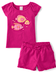 Girls Embroidered Turtle Flutter 2-Piece Outfit Set - Amalfi Coast