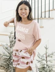 Pantalones cortos de pijama de franela con osos familiares a juego para mujer