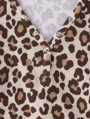 Womens Leopard Thermal Henley Pajama Top