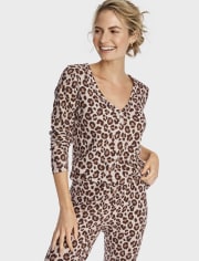 Womens Leopard Thermal Henley Pajama Top