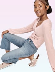 Tween Girls Ruched Tie Front Cropped Top