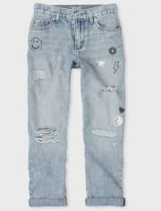 Girls Doodle Distressed Girlfriend Jeans