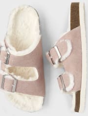 Tween Girls Faux Fur Double Buckle Slides