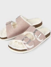 Tween Girls Faux Fur Double Buckle Slides