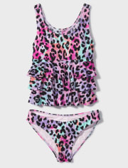 Tween Girls Leopard Ruffle Tankini Swimsuit