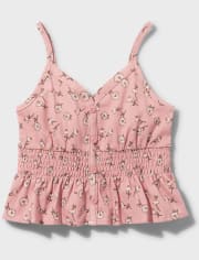 Girls Floral Button-Front Smocked Tank Top
