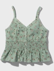 Girls Floral Button-Front Smocked Tank Top