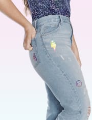 Tween Girls Distressed Doodle High Rise Wide Leg Jeans