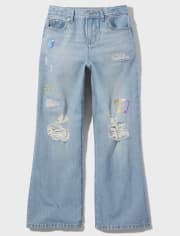Girls High Rise Doodle Distressed Wide Leg Jeans