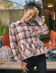 Tween Girls Plaid Peplum Button-Up Top