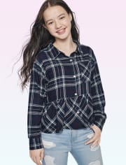 Tween Girls Plaid Peplum Button-Up Top