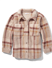 Girls Plaid Oversized Sherpa Shirt Jacket