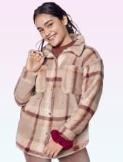 Girls Plaid Oversized Sherpa Shirt Jacket