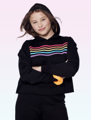 Girls Rainbow Striped Cropped Cozy Hoodie