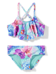 Girls Tropical Floral Flounce Bikini Swimsuit