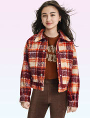 Tween Girls Plaid Tweed Oversized Cropped Shirt Jacket