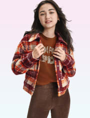 Tween Girls Plaid Tweed Oversized Cropped Shirt Jacket