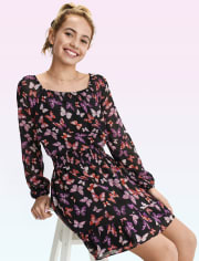 Vestido fruncido de georgette con mariposas para niñas Tween