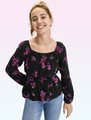 Tween Girls Floral Smocked  Peplum Top